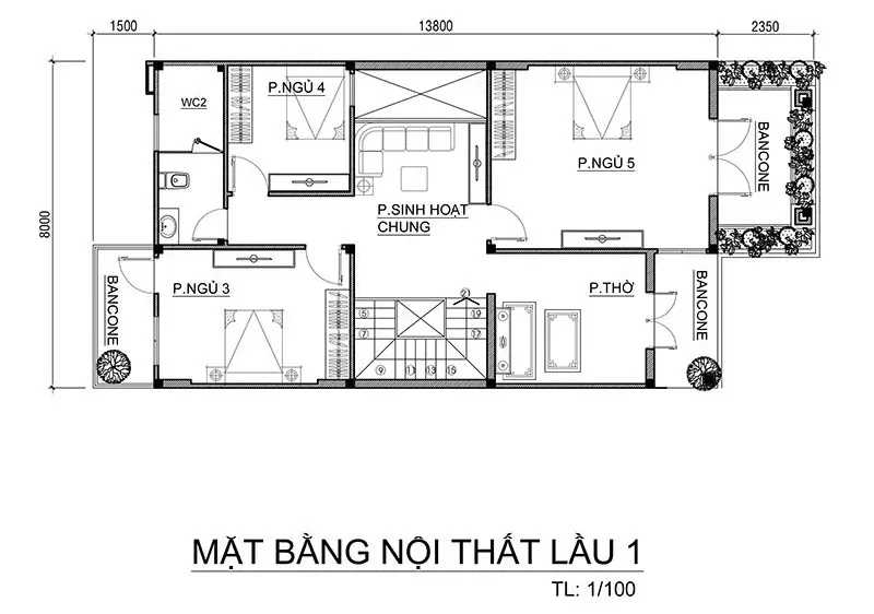 Các mẫu nhà 2 tầng 5 phòng ngủ 150m2 đẹp & bản vẽ chi tiết