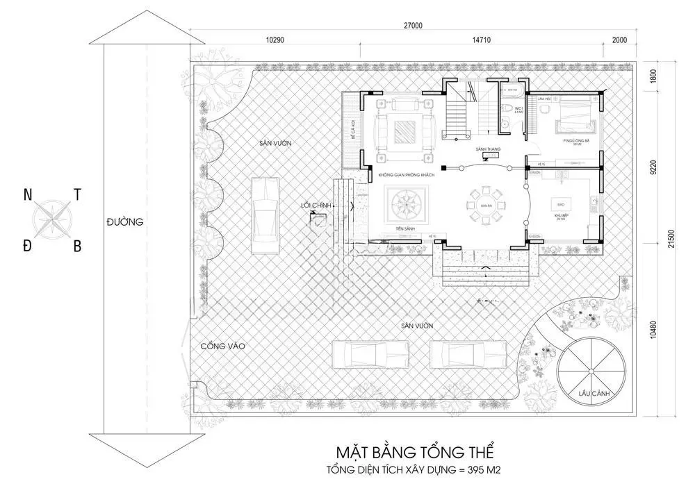 Mặt bằng nhà vườn 2 tầng thiết kế chuẩn phong thủy 2024